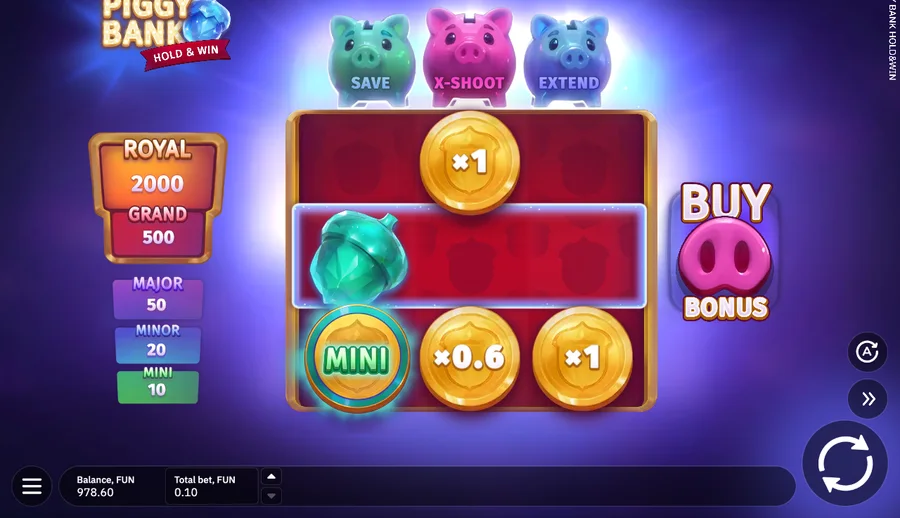 Piggy Bank Hold and Win jackpot panel at a 0.10 bet