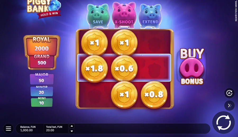 Piggy Bank Hold and Win jackpot ladder at a 20.00 bet