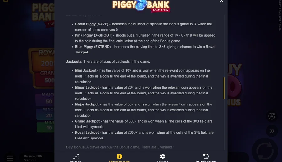 Rules screen listing Royal 2000x and Mini 10x