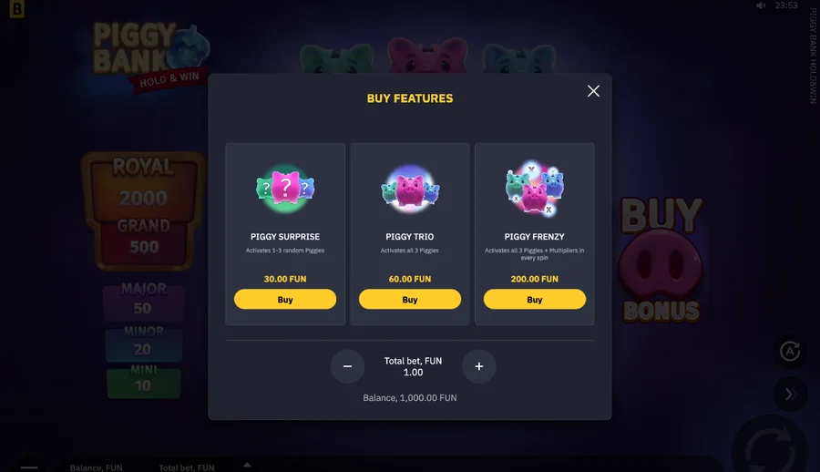 Piggy Bank buy menu: Surprise 30, Trio 60, Frenzy 200